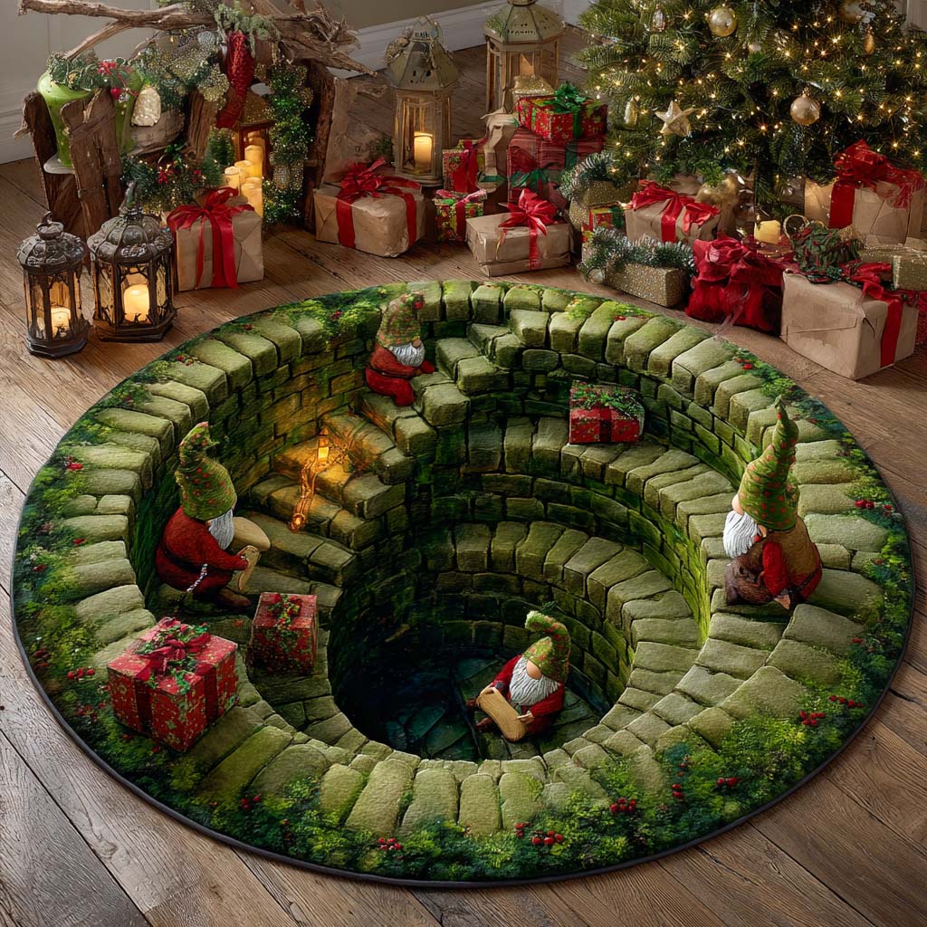 Gnome Gift Tunnel round rug – gnomes on a green stair