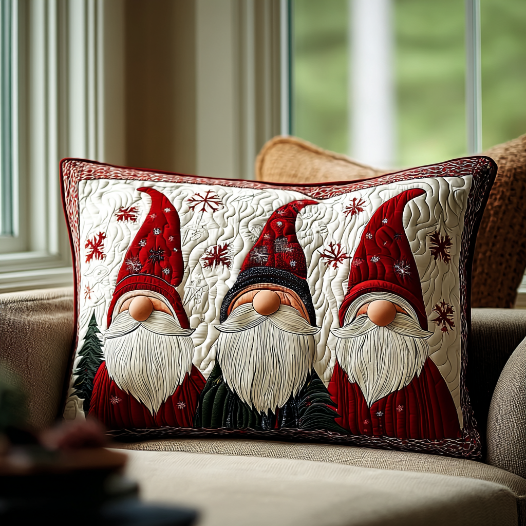 Red Hat Gnomes quilted pillowcase – three gnomes in tall red hats
