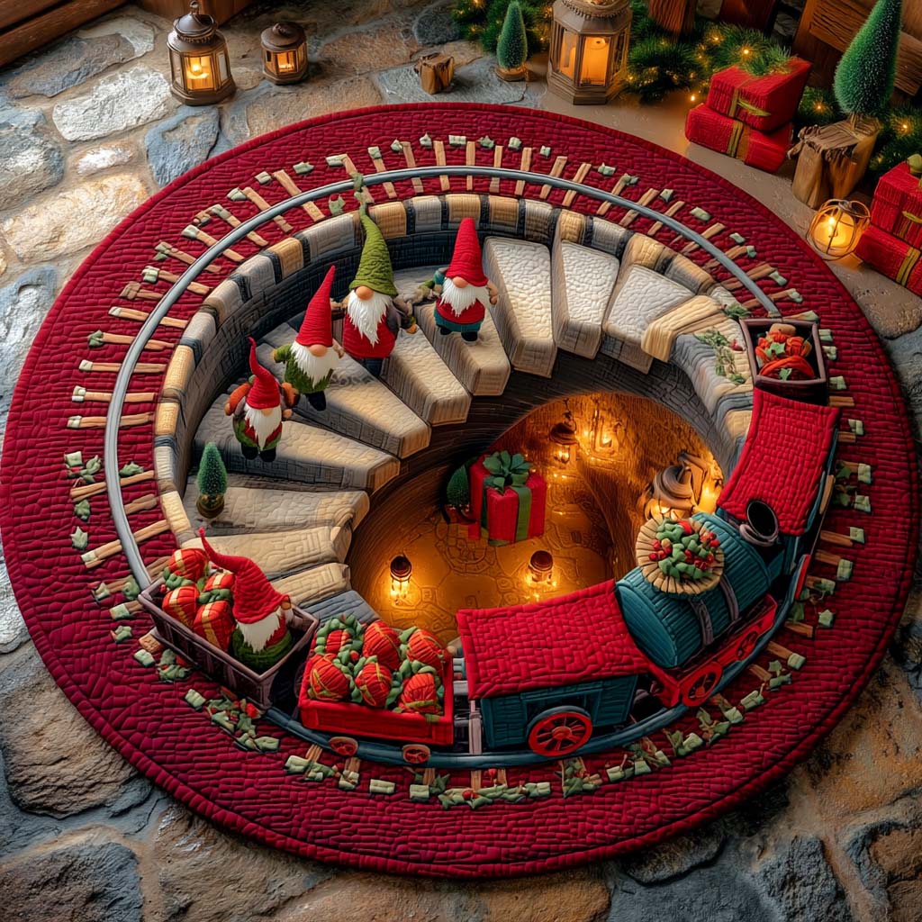 Gnome Tunnel Express round rug – gnome train tunnel