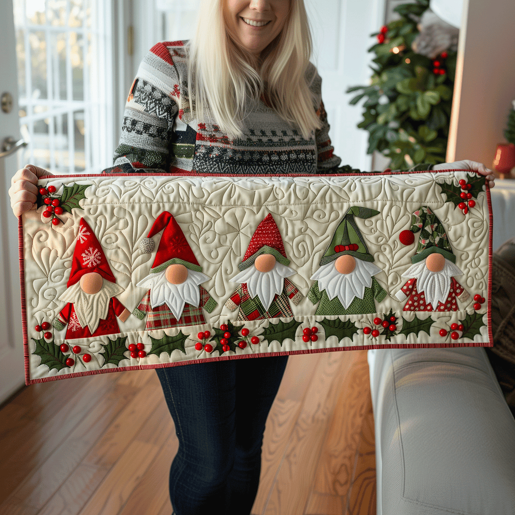 Gnome Row quilted table runner – row of gnomes