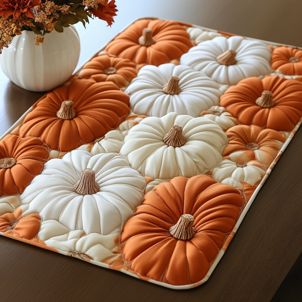 Pumpkin Patch Days quilted placemats – orange and white pumpkins