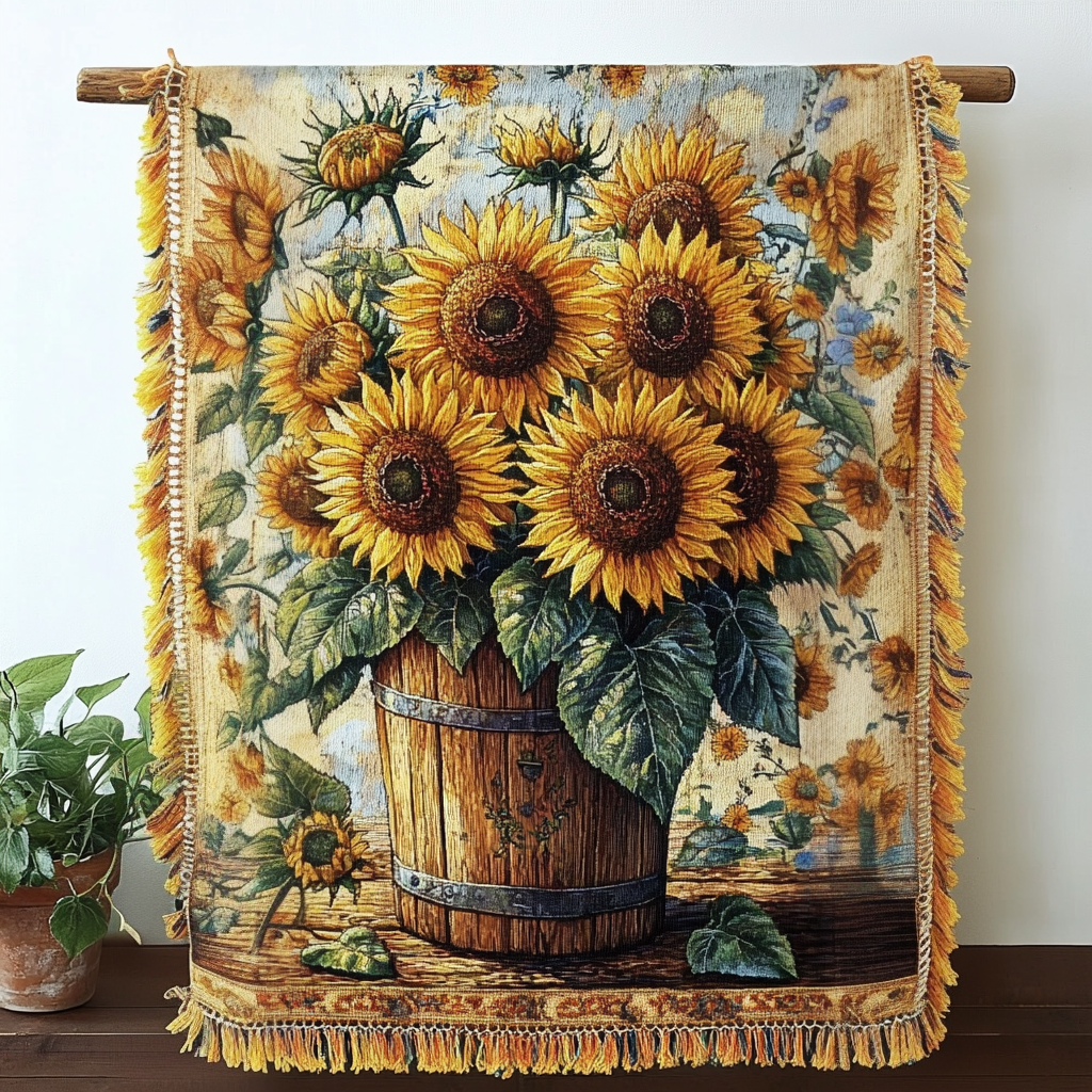 Sunflower Bucket woven sofa throw – bucket of sunflowers