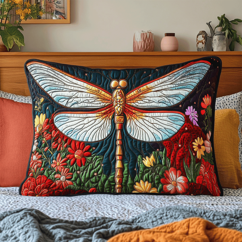 Golden Dragonfly Bloom quilted pillowcase – golden dragonfly above red flowers