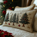 Christmas Pines quilted pillowcase – row of green Christmas trees on cream