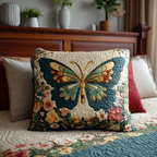 Garden Butterfly quilted pillowcase – teal and gold butterfly among flowers