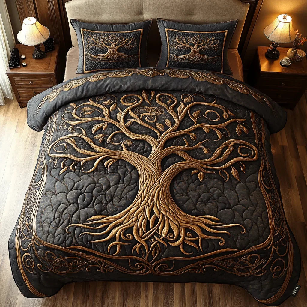 Quilted bedspread set with a spreading tree, curving branches and small birds, the Tree of Life design