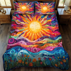 Golden Sun quilted bedspread set – golden sun over colourful rolling bands