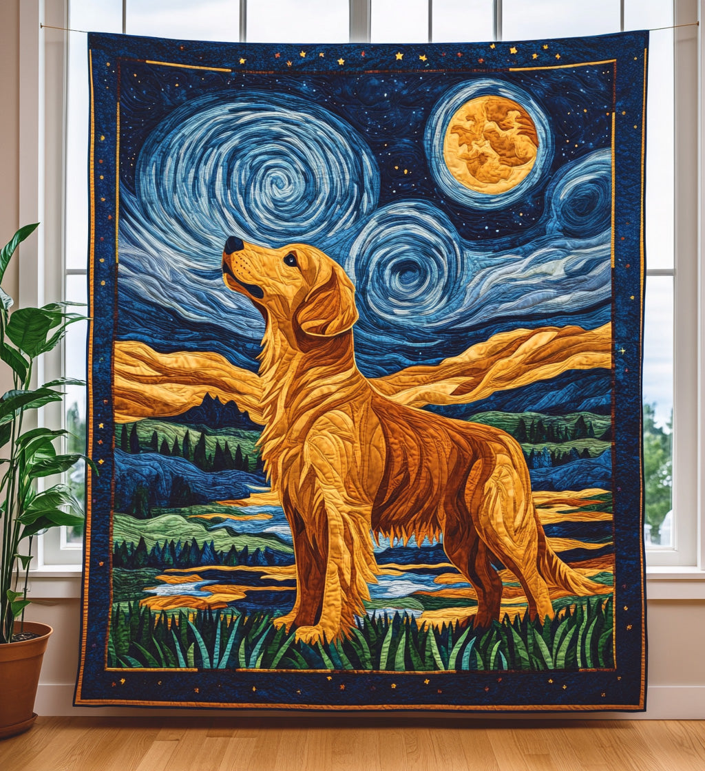 Starry Night Retriever quilted throw – golden Retriever under a swirling starry sky