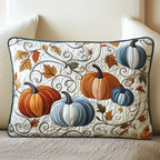 Orange and Blue Pumpkins quilted pillowcase – orange and pale blue pumpkins on cream