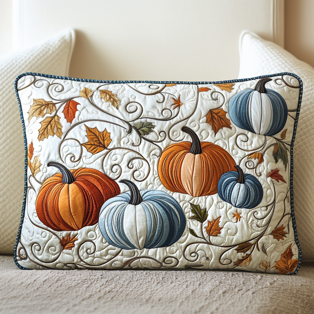 Orange and Blue Pumpkins quilted pillowcase – orange and pale blue pumpkins on cream
