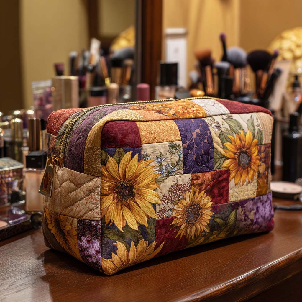 Sunflower Patch quilted make-up bag with golden sunflowers set into warm patchwork squares