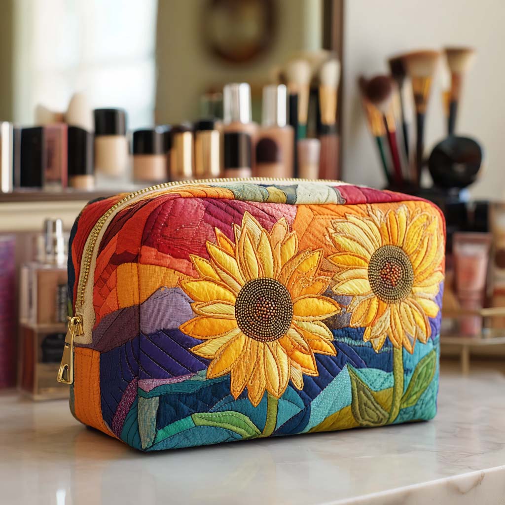 Quilted make-up bag with a Golden Bloom design of large sunflowers in full bloom with golden petals and warm brown centres