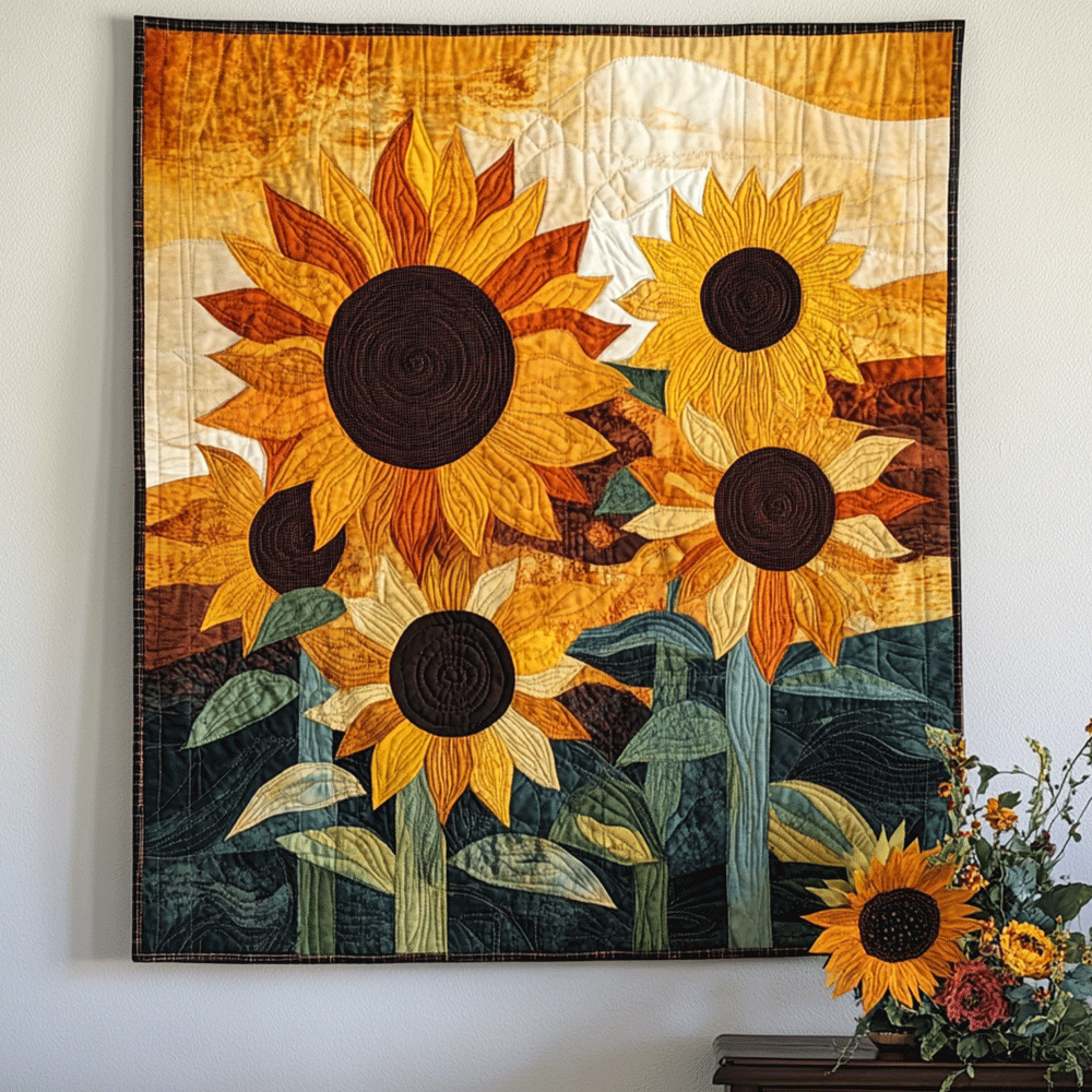 Graphic Sunflowers art quilt – graphic sunflowers