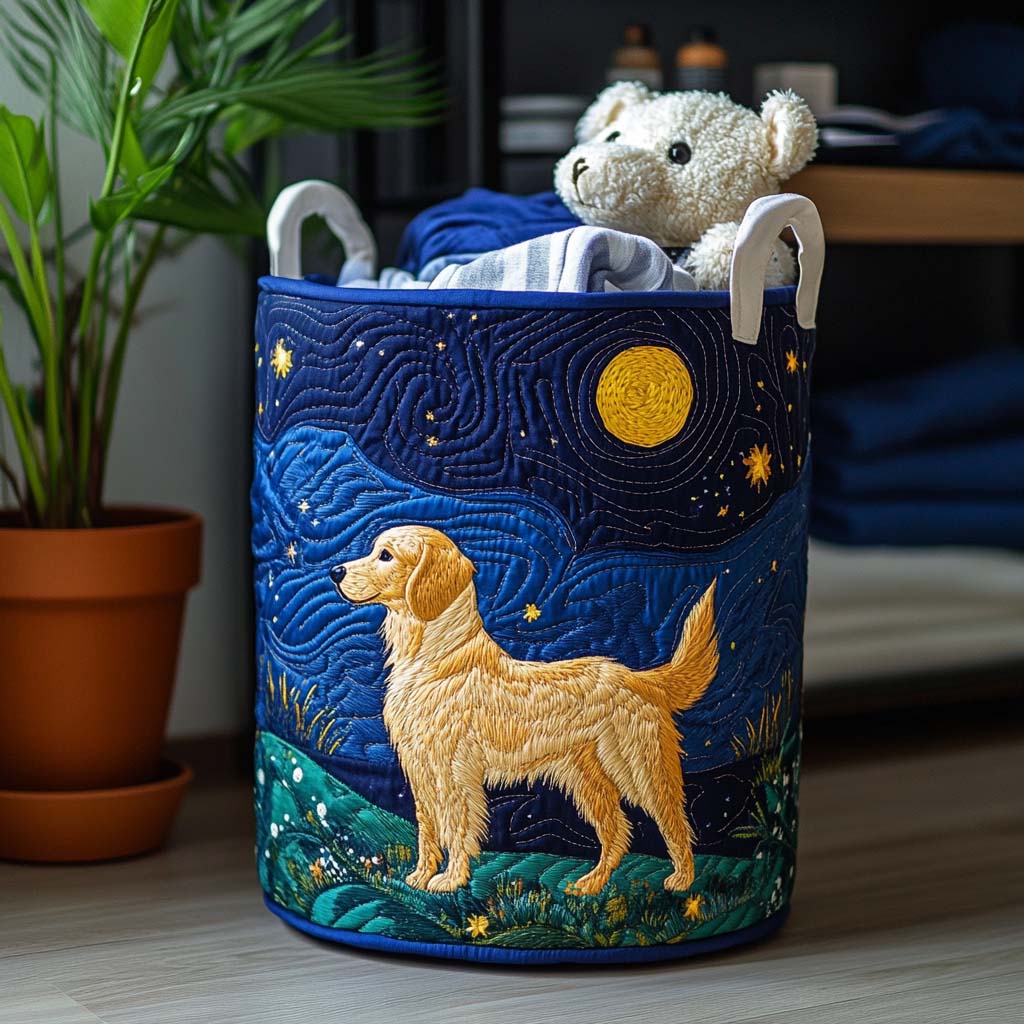 Quilted laundry basket with a Golden Retriever Charm design of a golden retriever with a tilted head and soft ears in honey and cream tones, with wave stitching and carry handles