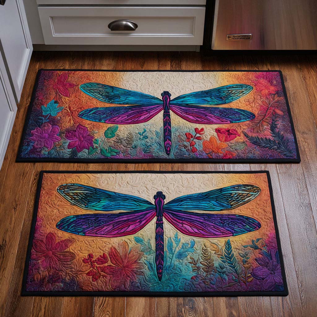 Sunset Dragonfly kitchen mat set – dragonfly on sunset tones