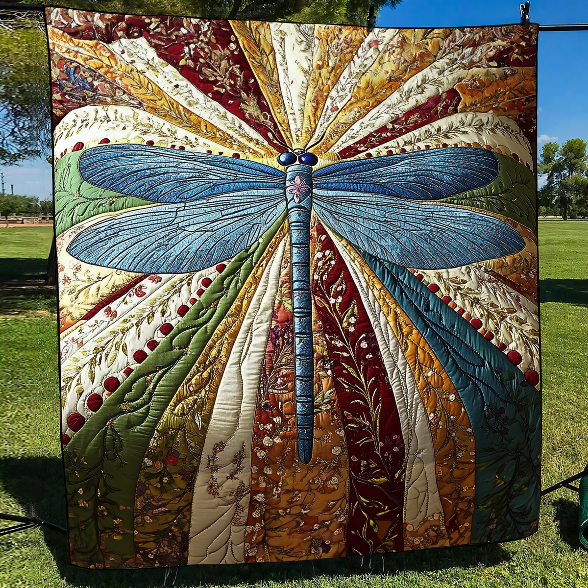 Dragonfly Rays quilted throw – blue dragonfly over coloured rays