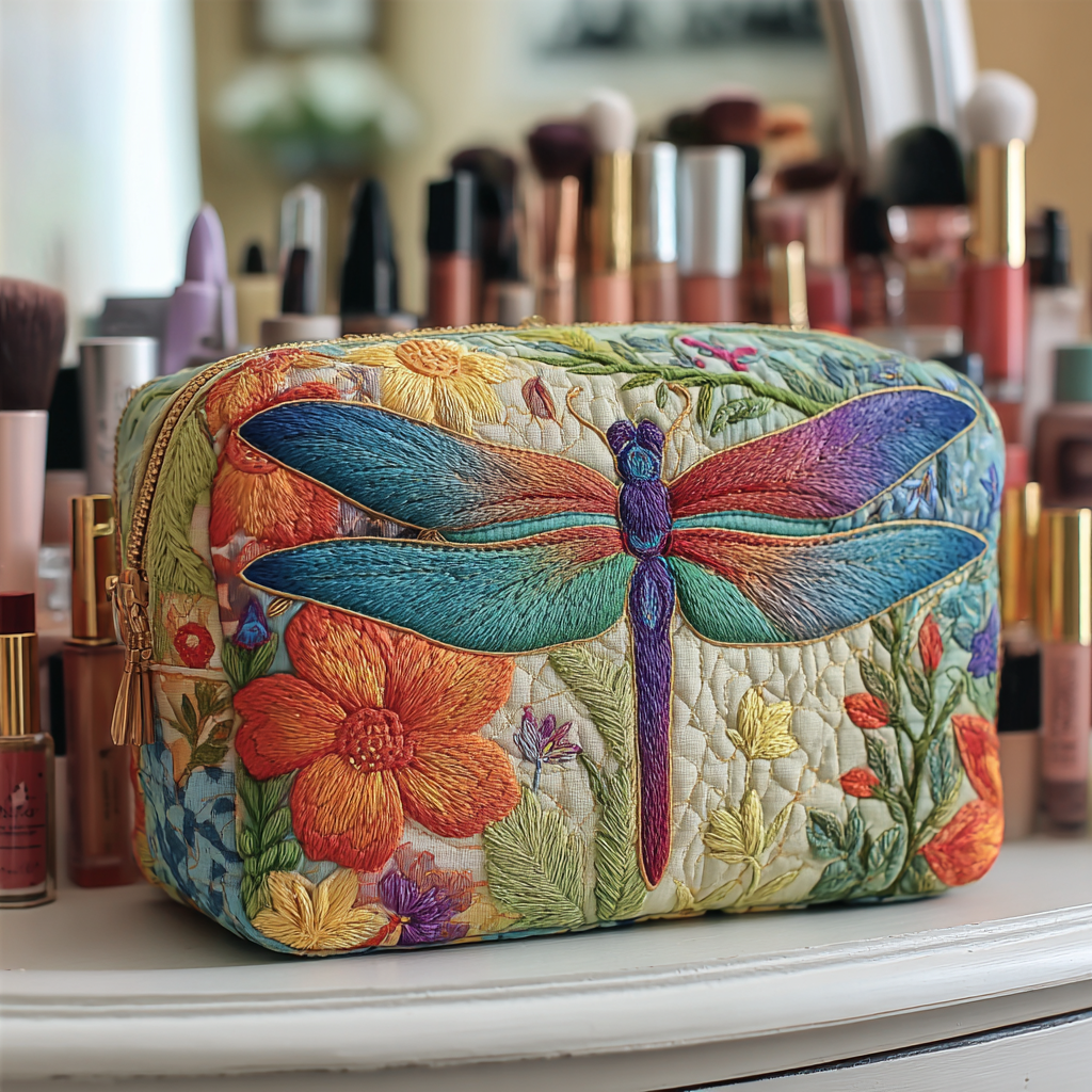 Golden Dragonfly quilted make-up bag with teal and gold dragonfly among orange flowers on cream