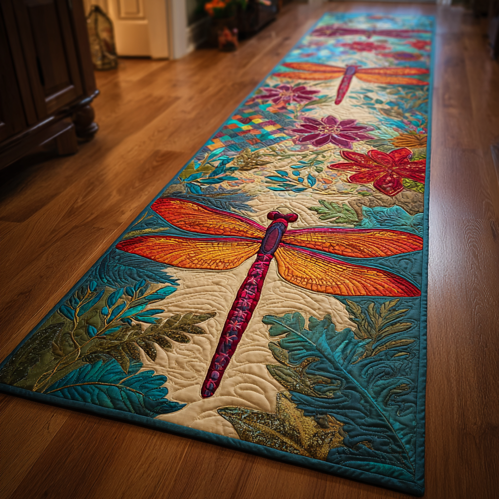 Teal Leaf Dragonfly hallway runner – orange dragonfly