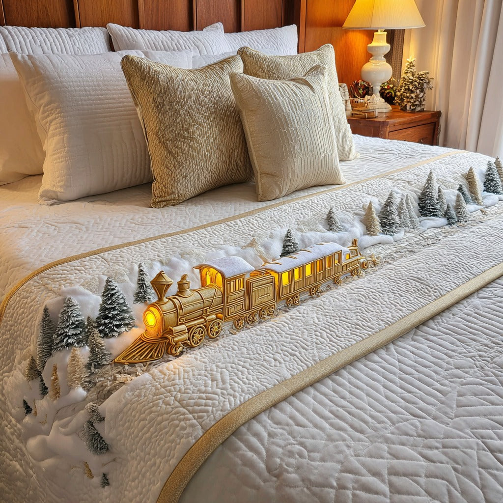 Golden Express quilted bed runner – golden train through a snowy village