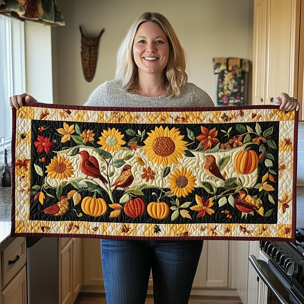 Harvest Birds Sunflowers quilted table runner – birds with sunflowers and pumpkins