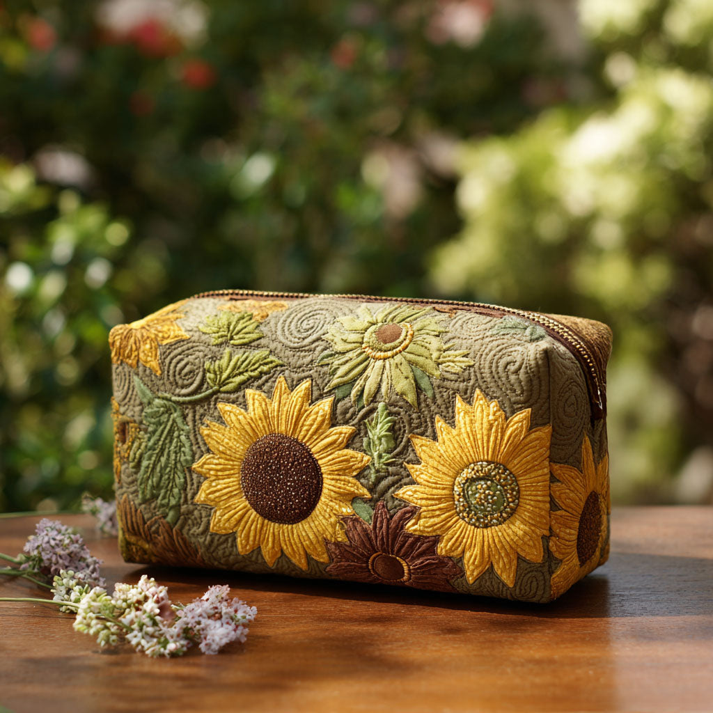 Quilted make-up bag with a Golden Field design of sunflowers and white daisies filling the fabric like a summer field