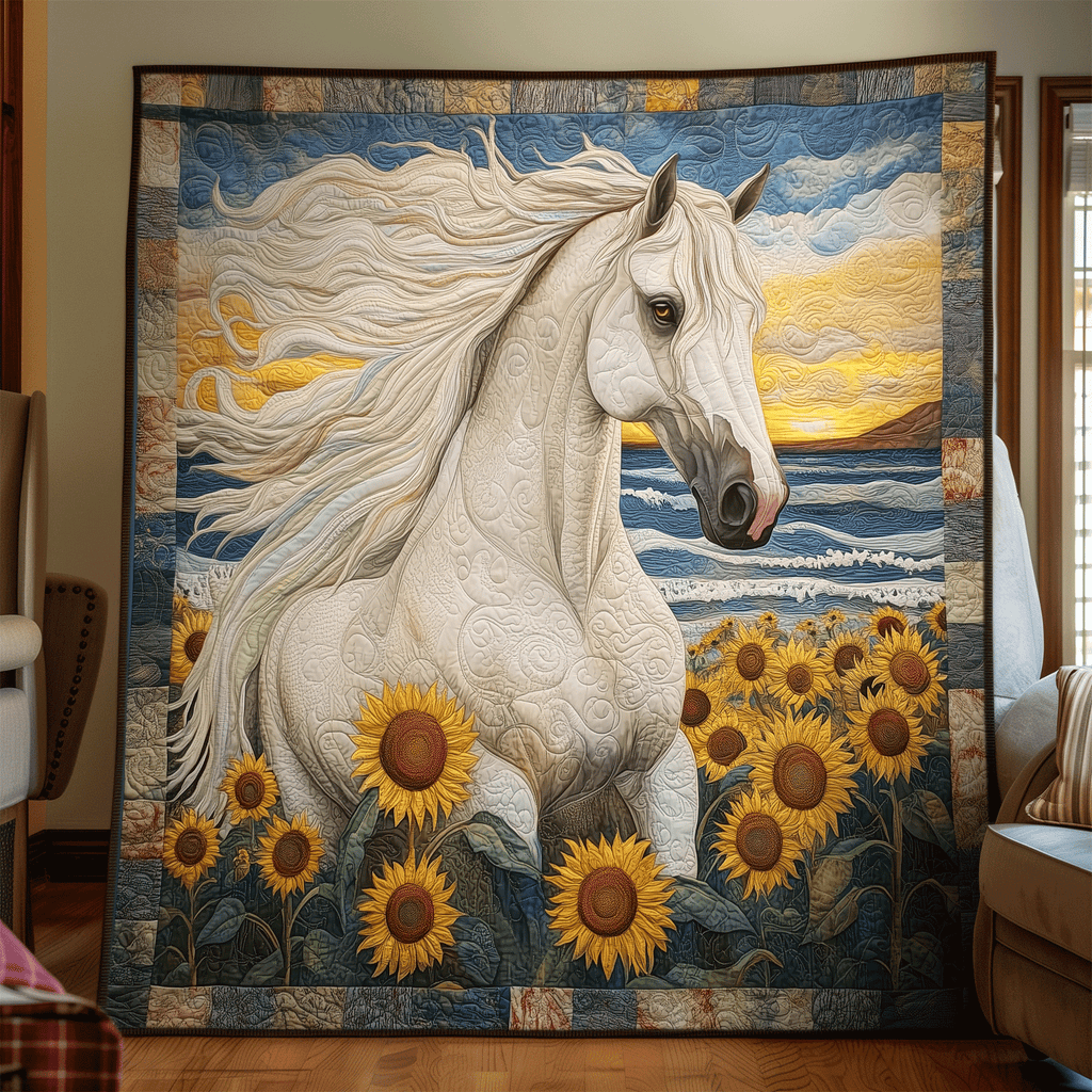 Seaside Sunflower Horse art quilt – white horse by the sea