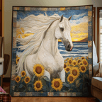 Seaside Sunflower Horse art quilt – white horse by the sea