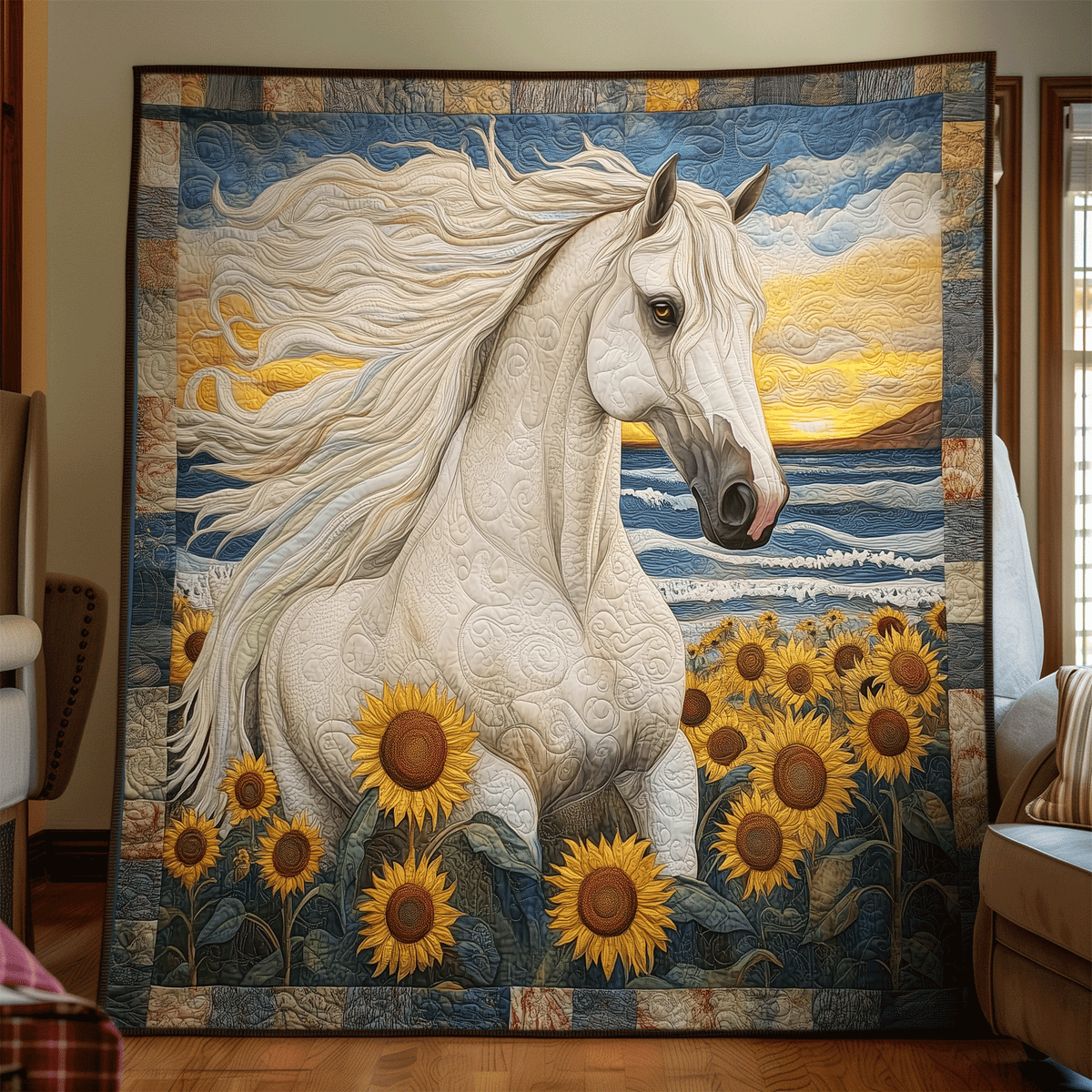 Seaside Sunflower Horse art quilt – white horse by the sea