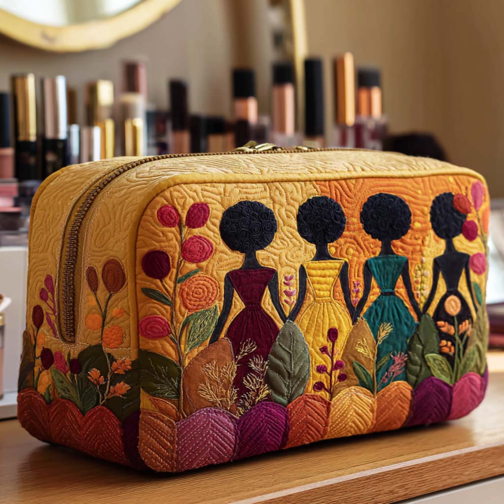 Golden Grace quilted make-up bag with row of women in patterned dresses among flowers on gold