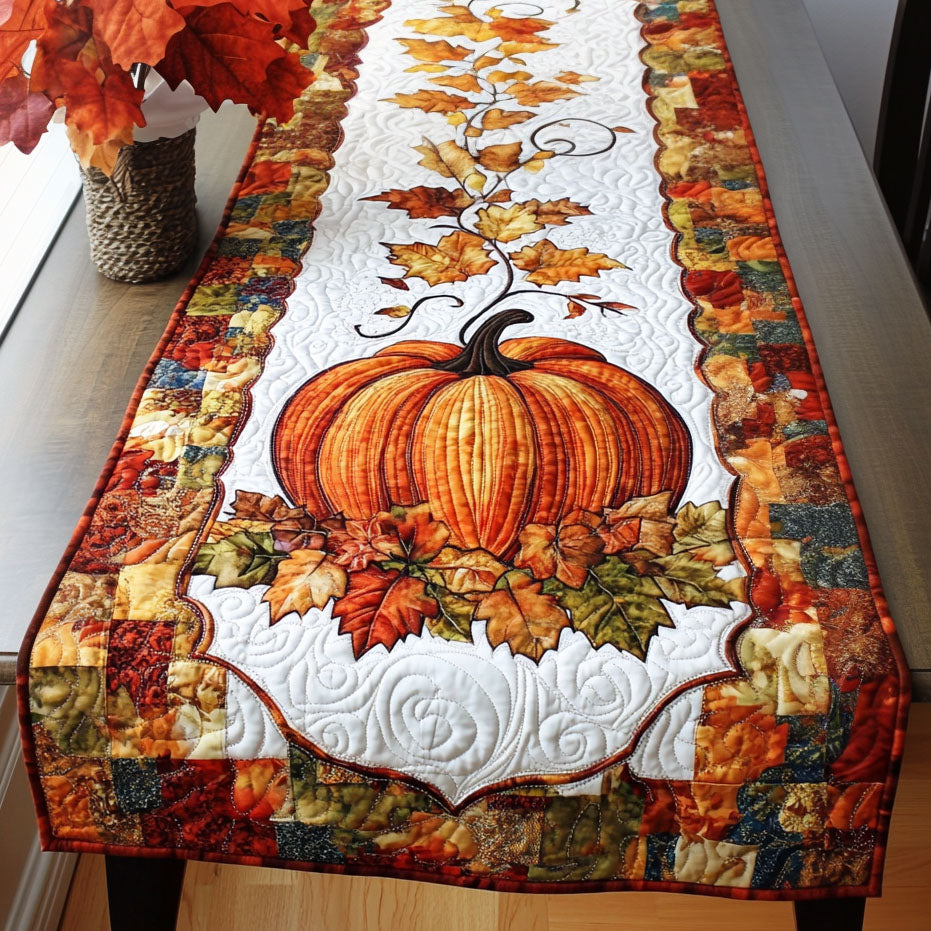 Golden Pumpkin Vine quilted table runner – golden pumpkin with vines