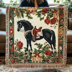 Black Horse and Roses woven sofa throw – black horse framed by roses