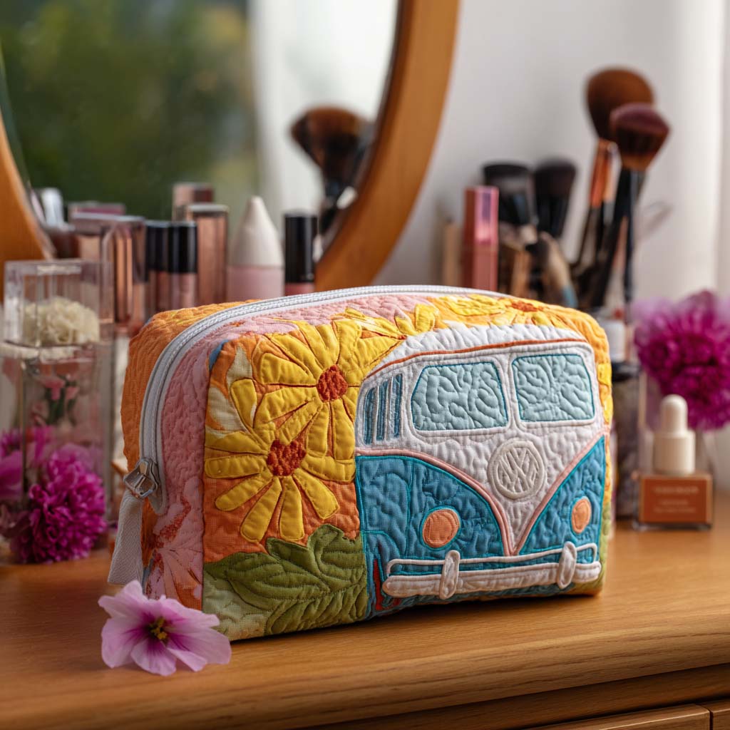 Quilted make-up bag with a Golden Horizon Camper design showing a classic camper van against a golden sunset with daisies and soft hills
