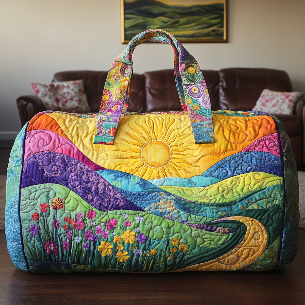 Golden Horizon Hills quilted weekend bag – sun over hills