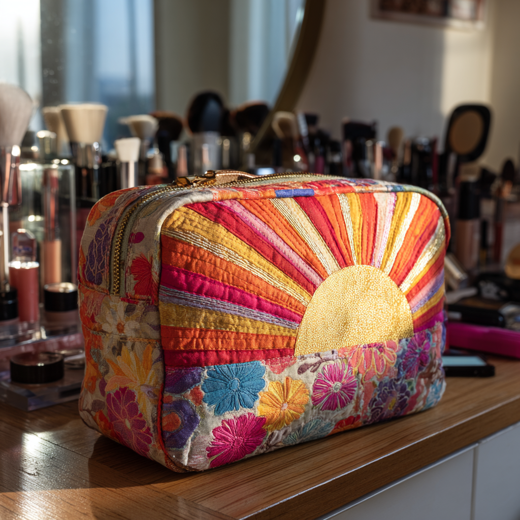 Golden Horizon quilted make-up bag with golden sun with rainbow rays rising over flowers