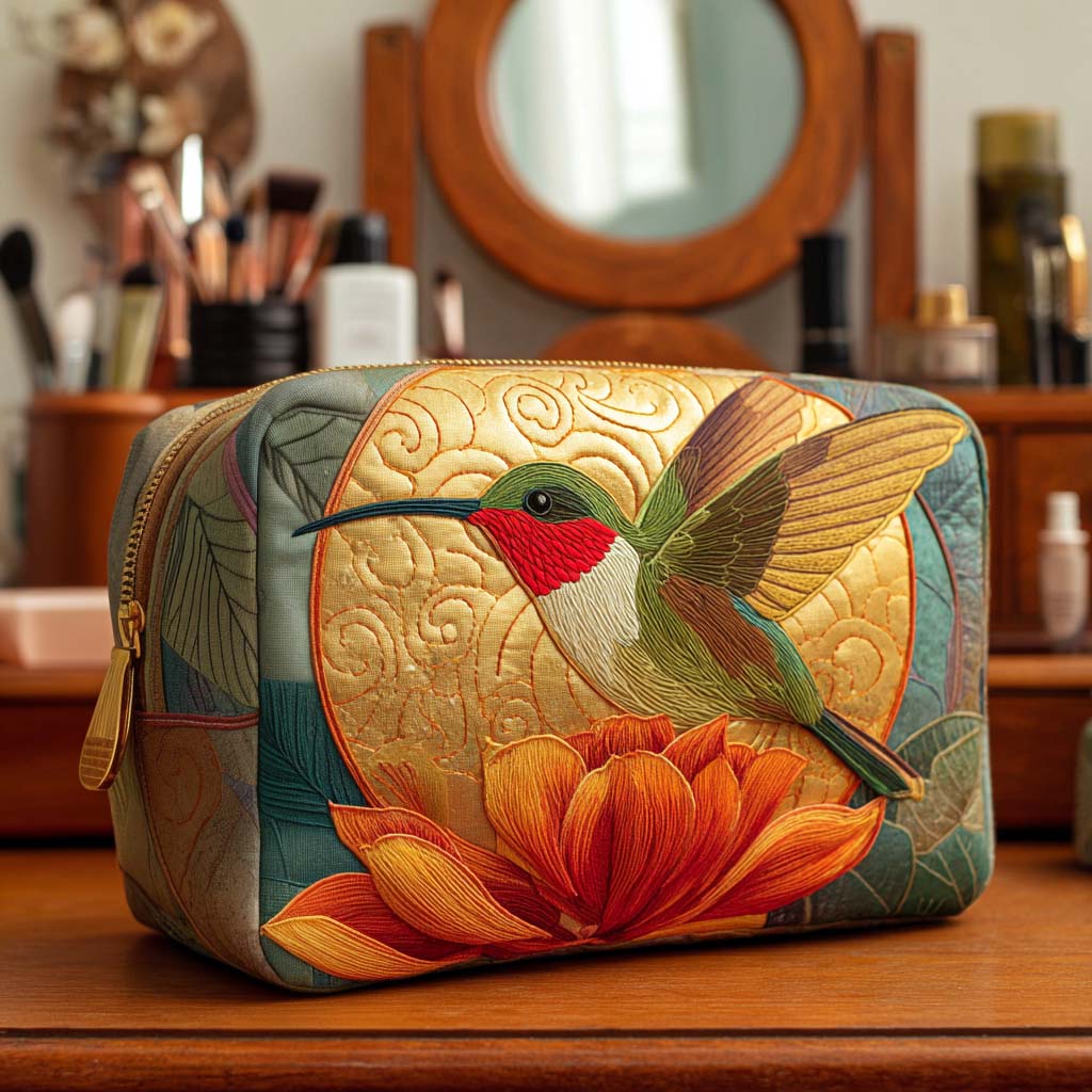 Golden Humming quilted make-up bag with ruby-throated hummingbird over an orange bloom on gold
