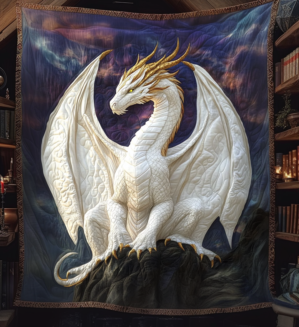 White Dragon on the Rock quilted throw – white dragon on a dark rock