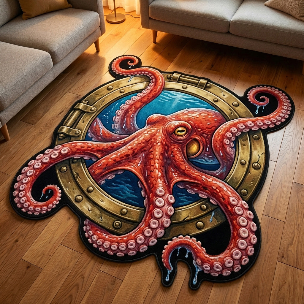 Golden Kraken shaped rug – octopus and porthole