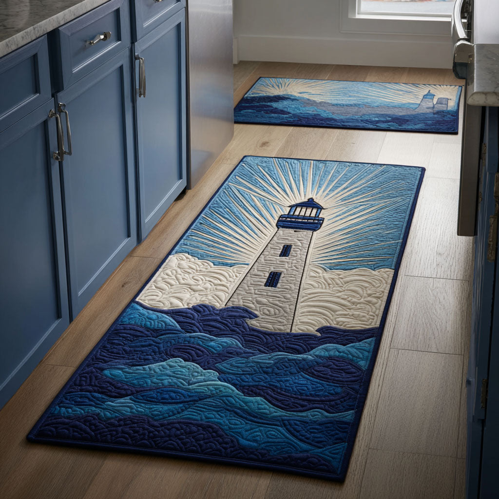 Golden Lighthouse kitchen mat set – lighthouse with rays