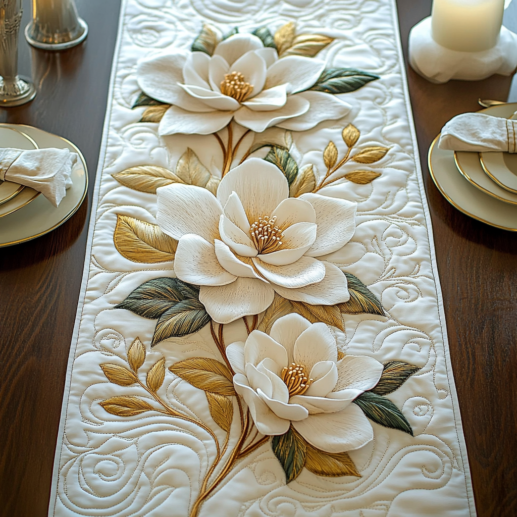 Cream Magnolia Branch quilted table runner – cream magnolias on a branch
