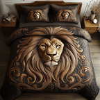 Golden Lion quilted bedspread set – golden lion with a flowing mane on brown