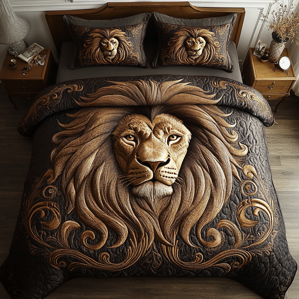 Golden Lion quilted bedspread set – golden lion with a flowing mane on brown