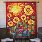Sunflower Sun art quilt – sun over sunflowers