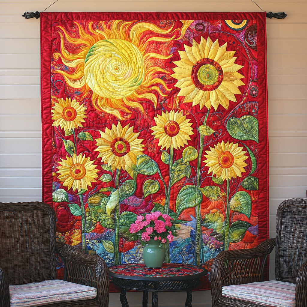 Sunflower Sun art quilt – sun over sunflowers