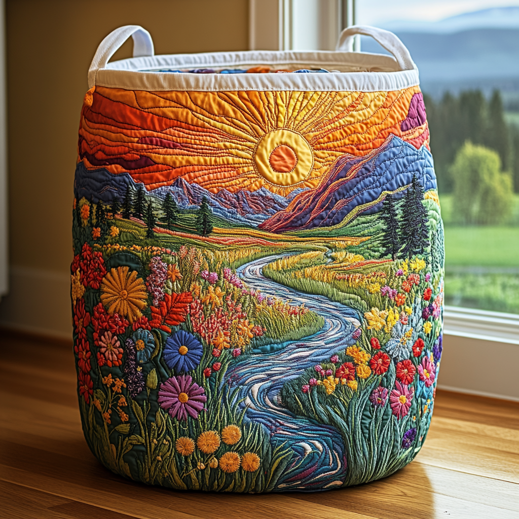 Golden Valley Meadow quilted laundry basket – valley meadow at sunset