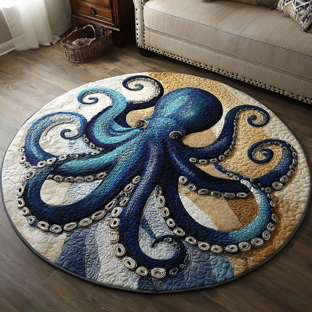 Golden Octopus round rug – navy octopus