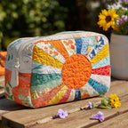 Quilted make-up bag with a Golden Ray design of sunbursts, toadstools and seventies flowers in amber, mustard and cream