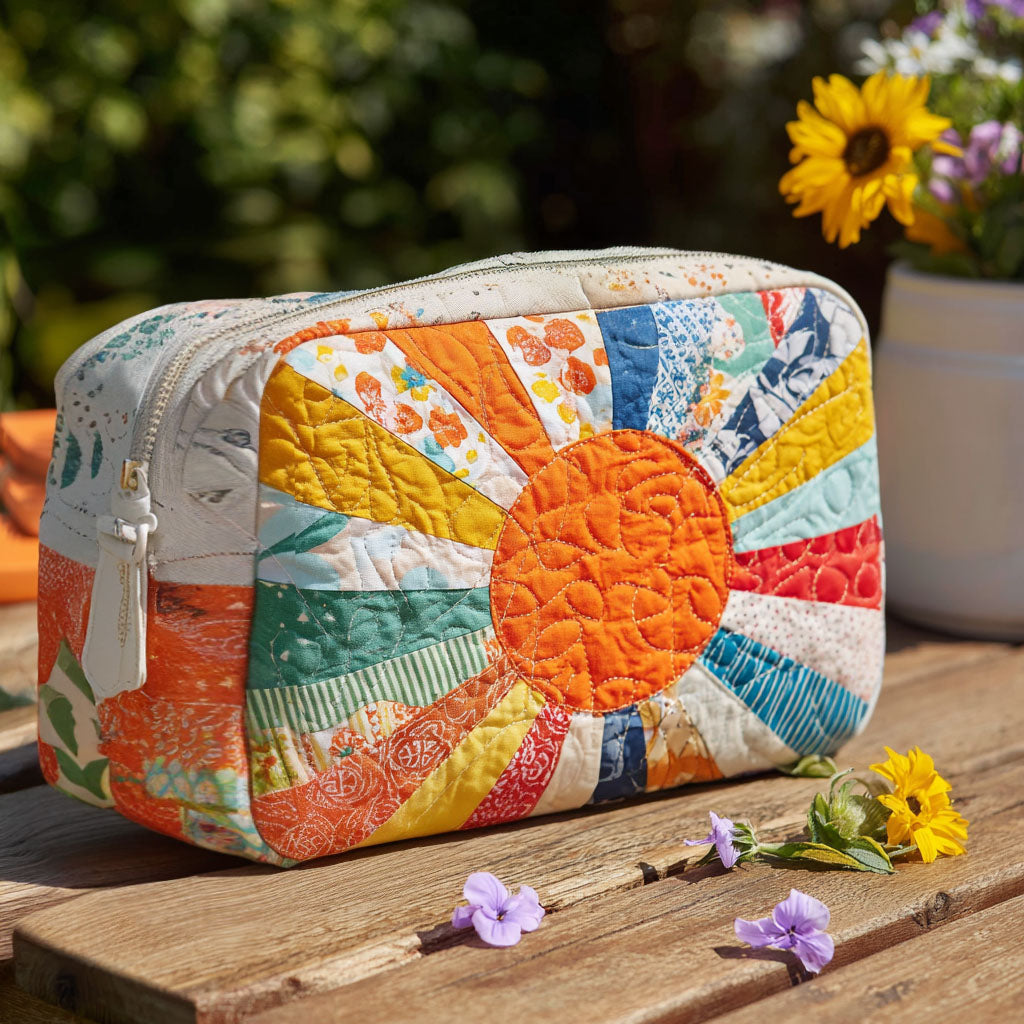 Quilted make-up bag with a Golden Ray design of sunbursts, toadstools and seventies flowers in amber, mustard and cream