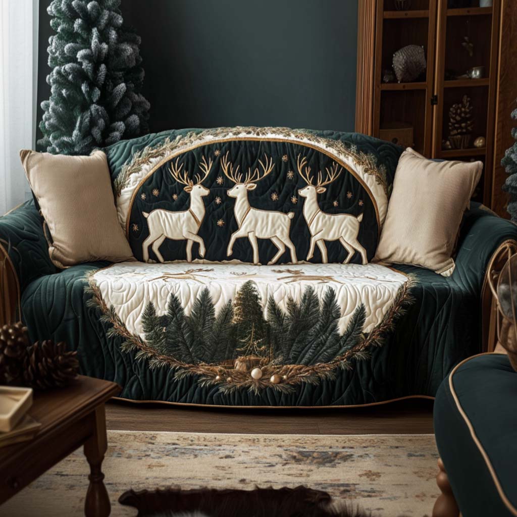 Golden Reindeer Arch quilted sofa cover – reindeer under a golden arch