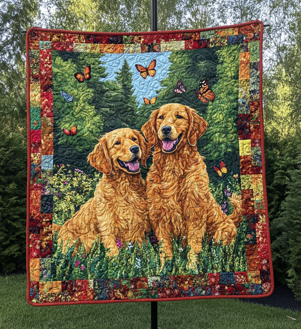 Retriever Pair quilted throw – two Golden Retrievers in a green garden