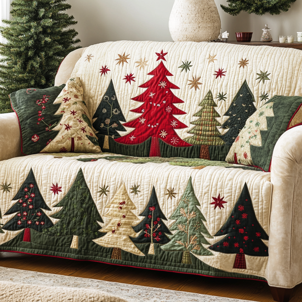 Starry Christmas Forest quilted sofa cover – christmas trees under red stars